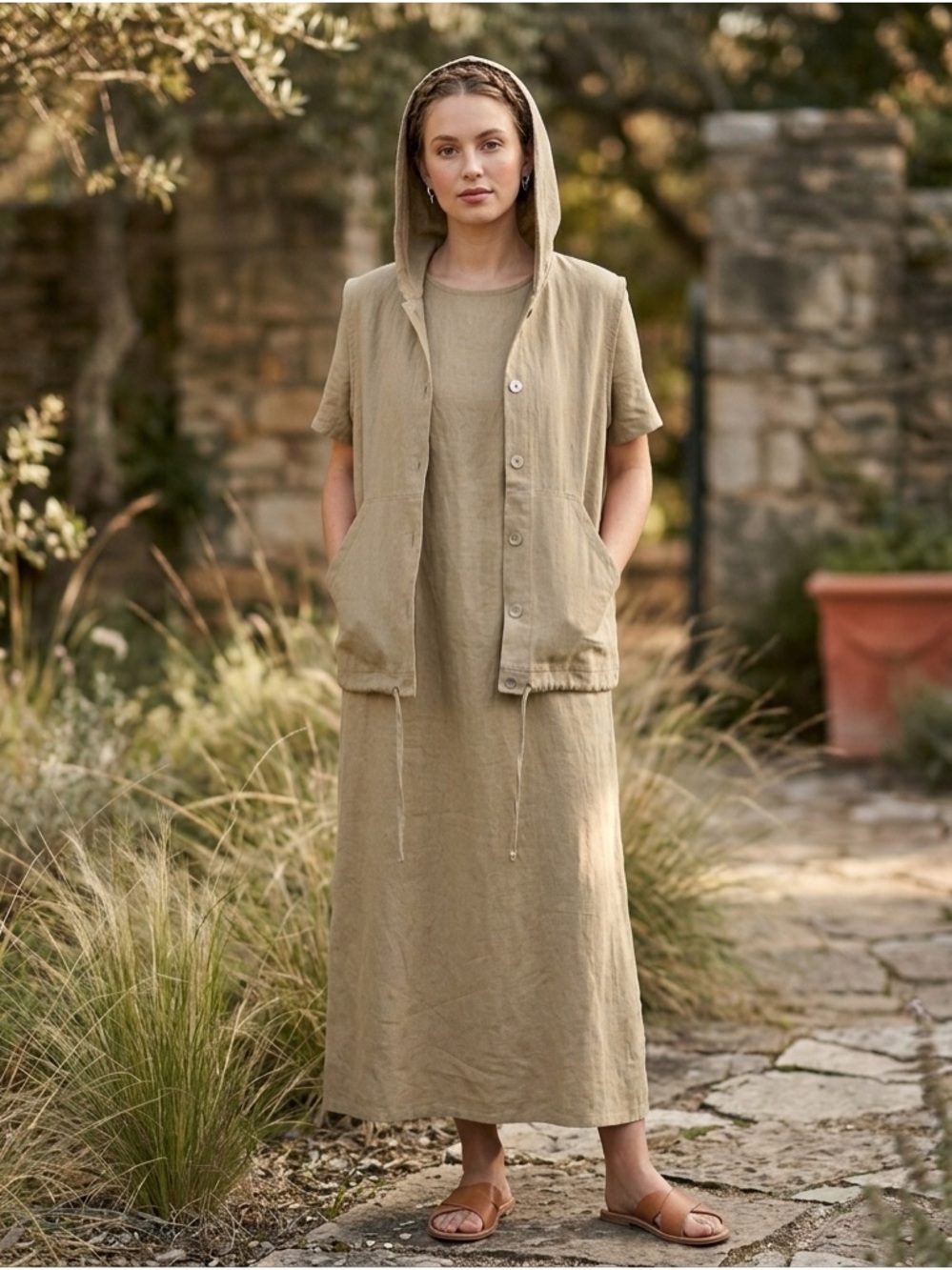 Denim&Co Olive-Tan Sleeveless Maxi Dress with Hooded Button Vest linen size 10